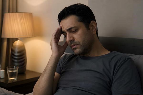 مرد جوان با لباس خاکستری تیره با سردرد میگرنی و دست روی سر در نور کم اتاق