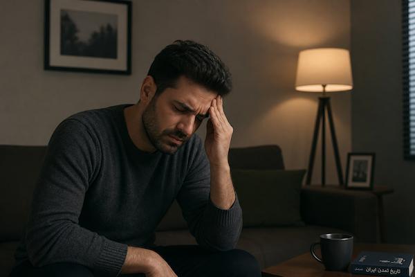 مردی با لباس خاکستری تیره در نور کم اتاق و چهره درهم از شدت درد میگرن عصبی