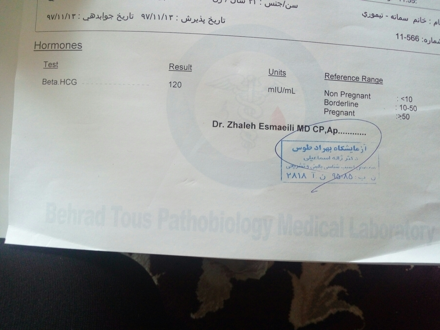جواب آزمایش بارداری هست یا نه