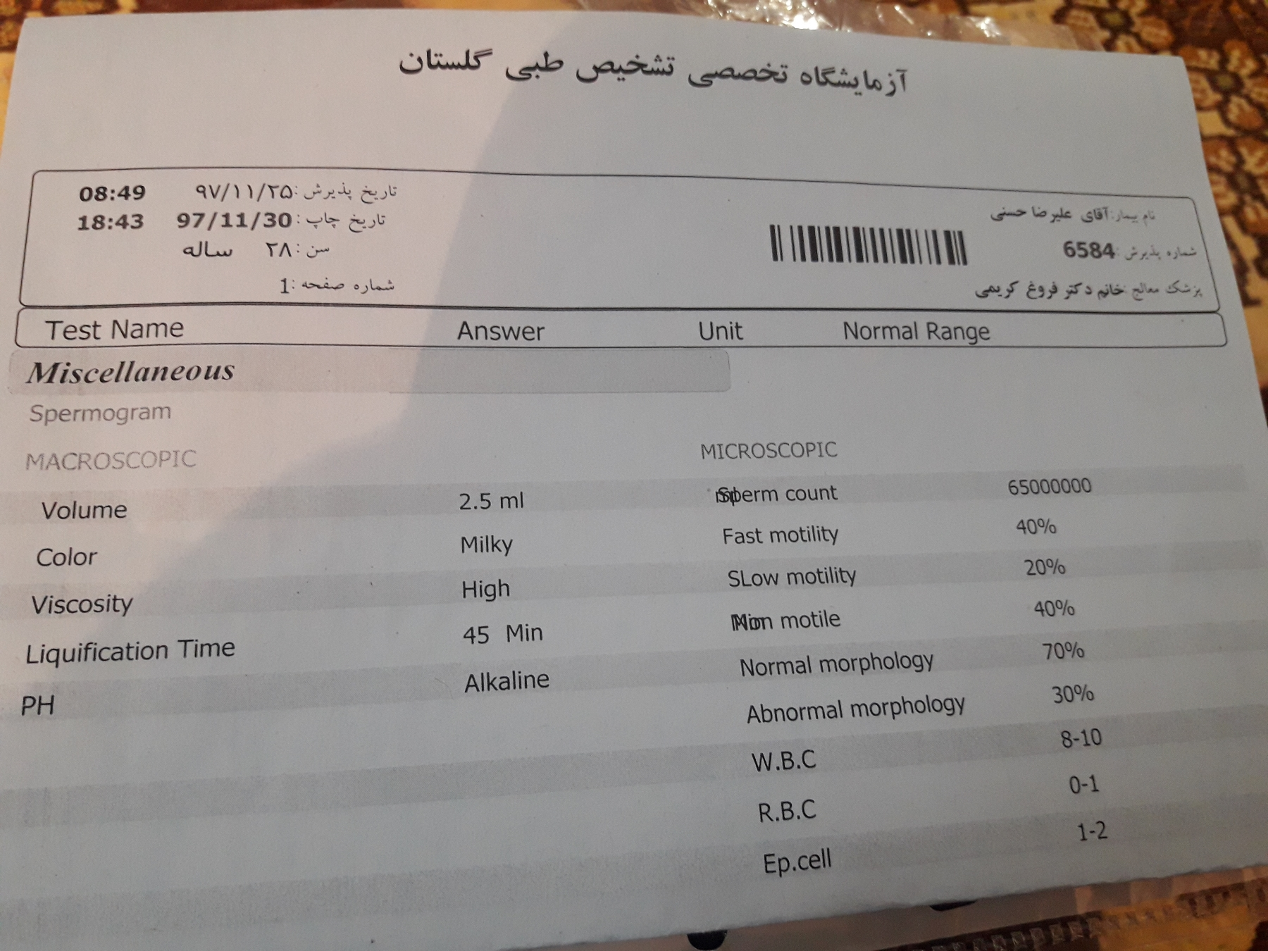 تفسیر ازمایش اسپرم همسر