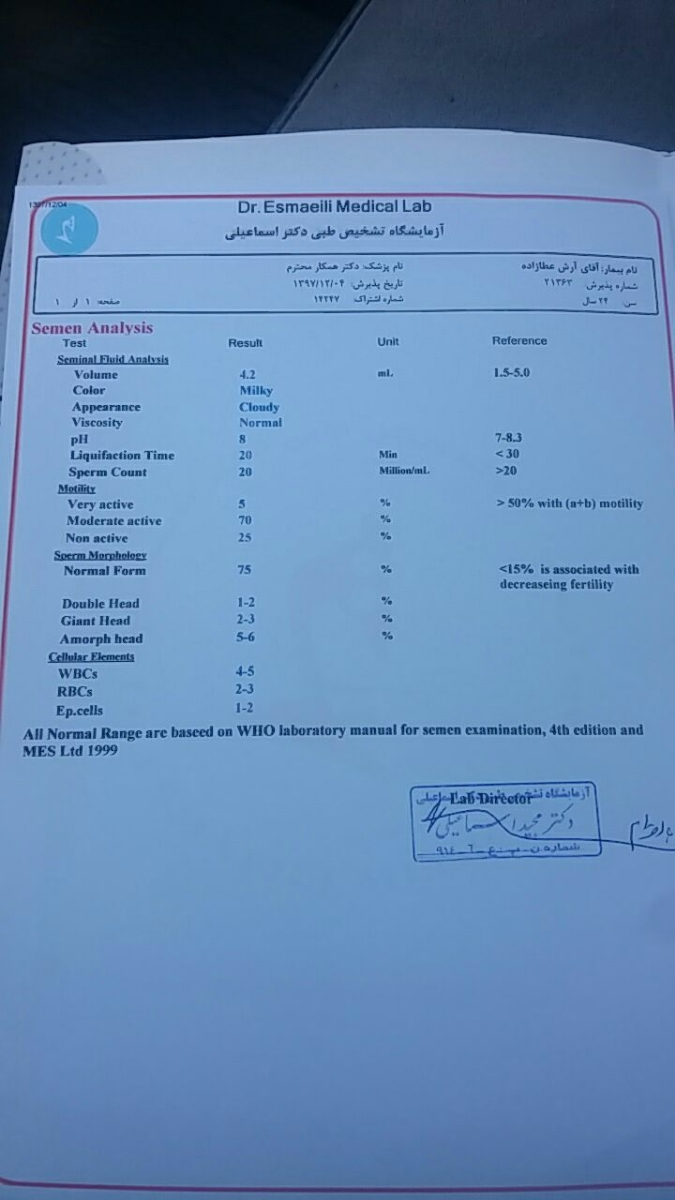 ⚠️فوری ⚠️لطفا جواب ازمایش اسپرم شوهرمو تفسیر کنی