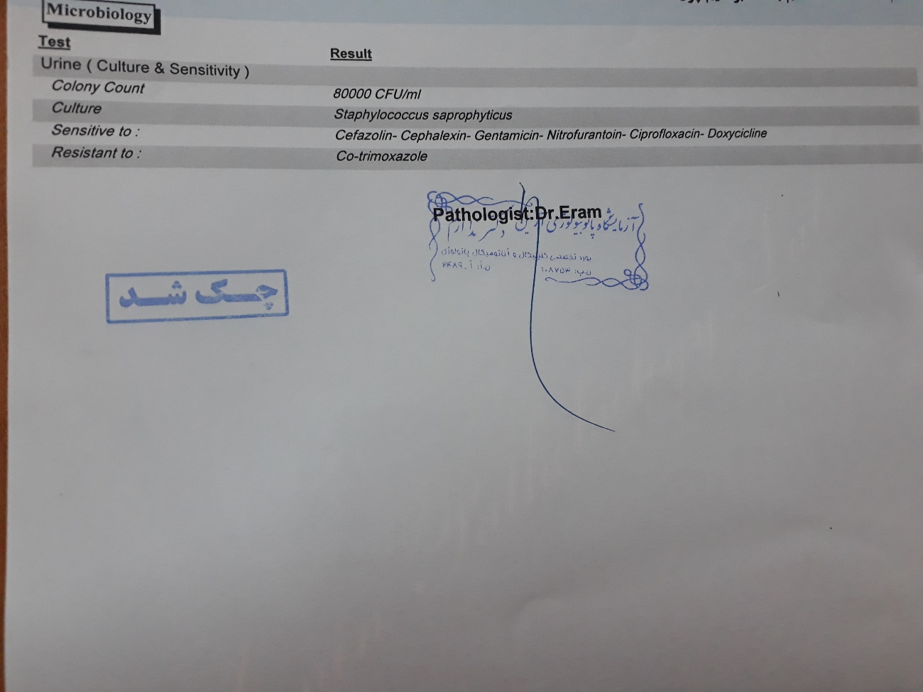 سلام خانم دکتر لطف کنید جواب آزمایش منو تفسیر کنید!