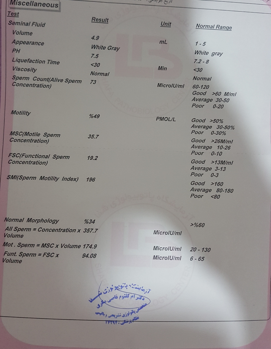 جواب آزمایش اسپرم همسرم