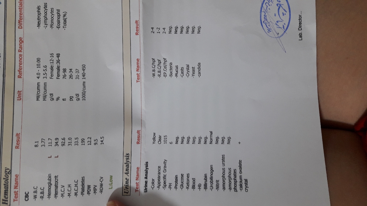 ازمایش خون و ادرار تفسیر کنید لطفا