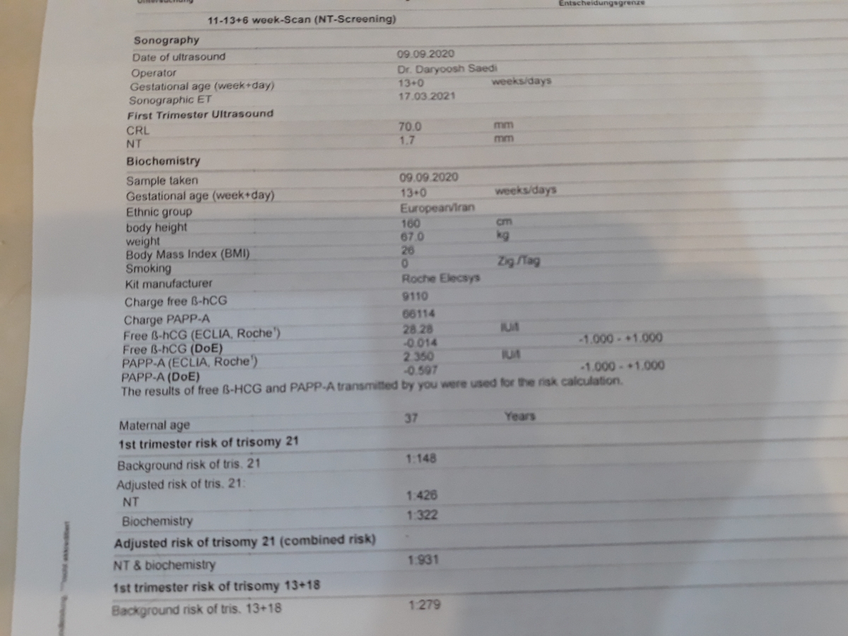 لطفا آزمایش غربالگری سه ماهه اول رو تفسیر کنید