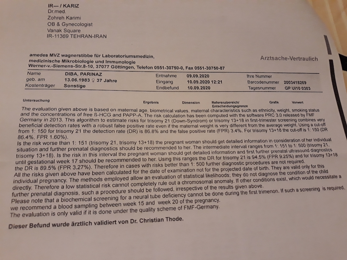 لطفا آزمایش غربالگری سه ماهه اول رو تفسیر کنید