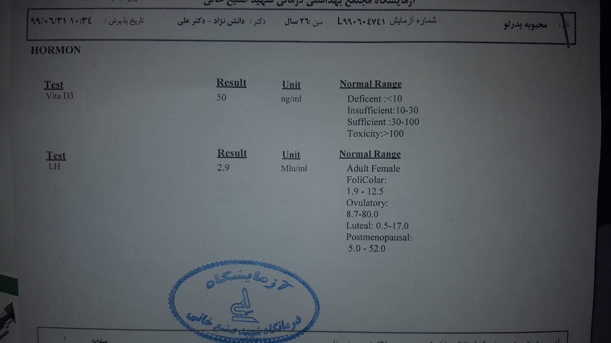 تفسیر سونو واژینال 12سیکل + ازمایش هورمونی 3پریود