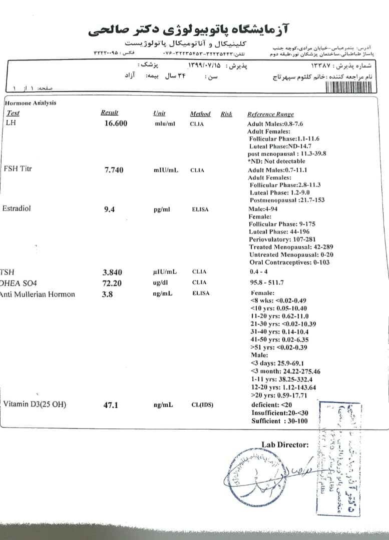 سلام لطفا این آزمایشو تفسیر کنید و بفرمایید پرولاکتین هم هست یا خیر ممنون.