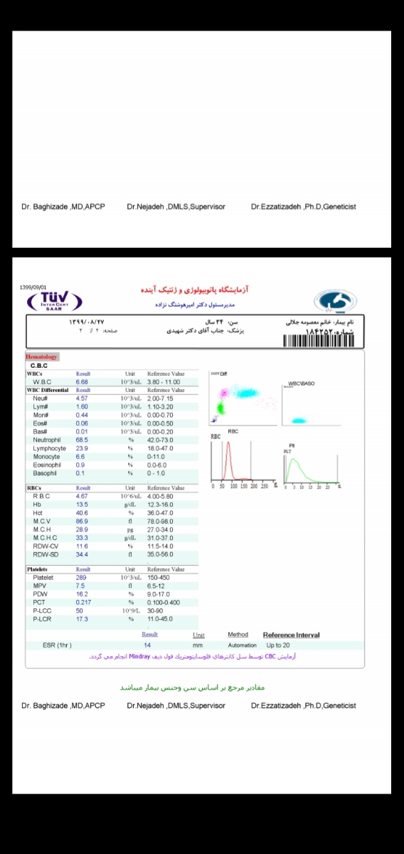 دکتر اوما سلام
میشه جواب ازمایشهارو ببینین،دوستانی هم که اطلاعات دارین بفرمایین چطوره دکتر اوما سلام
میشه جواب ازمایشهارو ببینین،دوستانی هم که اطلاعات دارین بفرمایین چطوره