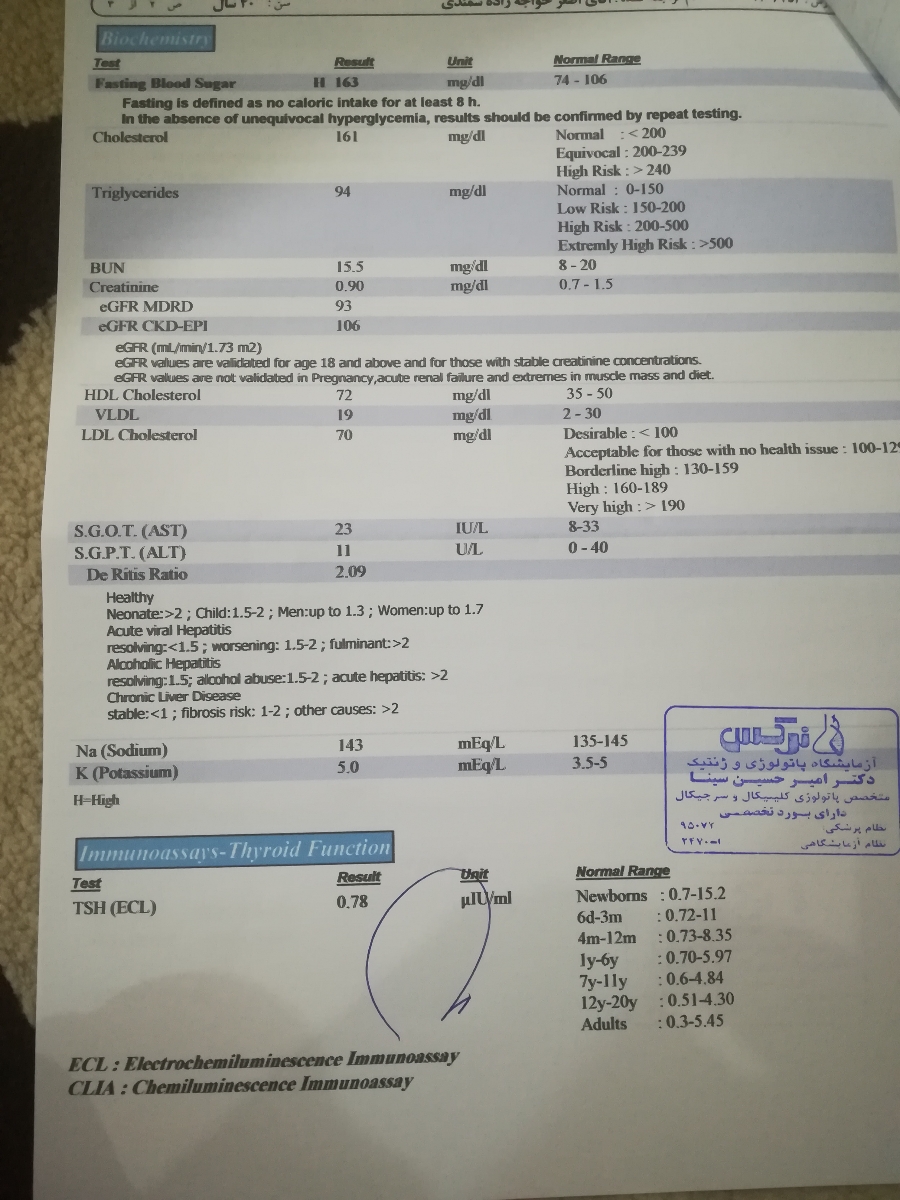 ازمایش خون مردان و چربی و قند