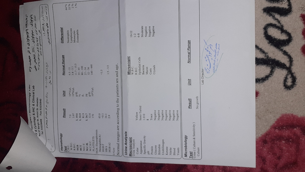 سلام خانم دکترمیشه ازمایش منو تفسیر کنیدممنون میشم چون ازمایش رو نشون بهداشت دادم گفت بایدبیای بهت نامه بدم