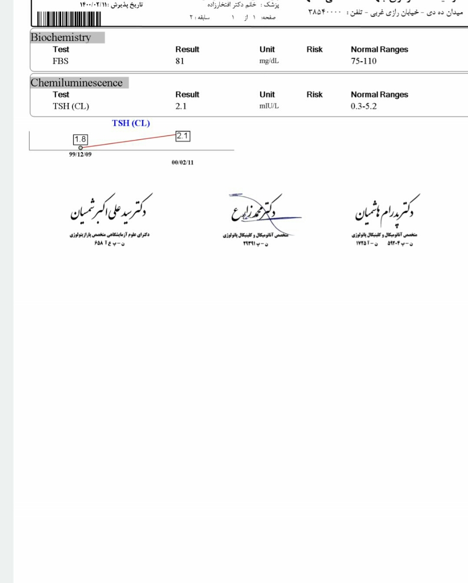 سلام پزشک عزیز لطفا ازمایش تیروئید و قندمو چک کنید🌸✌