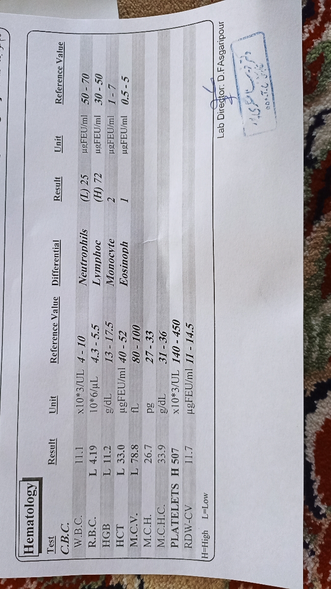 جواب آزمایش نوزاد و کم خونی
