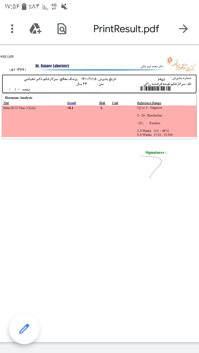 جواب آزمایش تیتر بتا