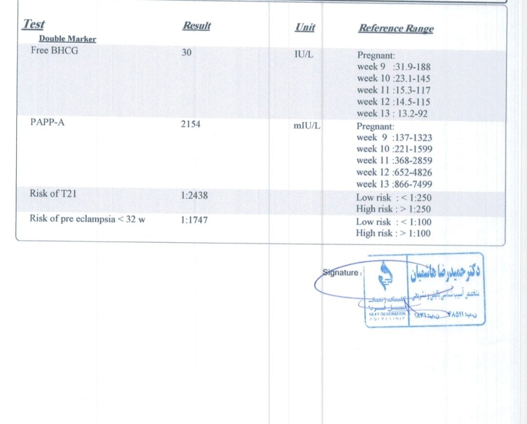 تفسیر سونو و آزمایش غربالگری اول