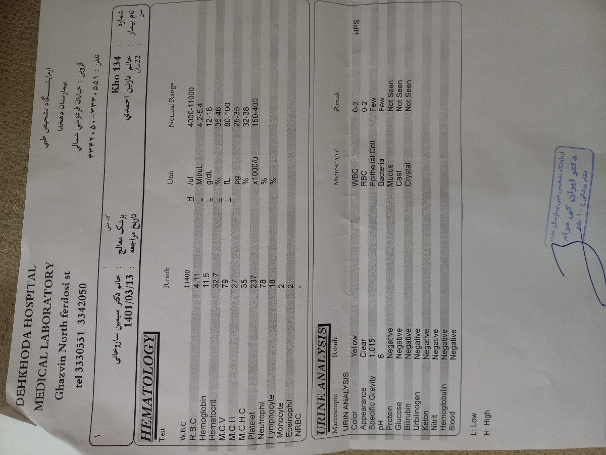 صبح رفتم بیمارستان ،اینم آزمایشی ک گرفتن ، به دکتر اورژانس همونجا نشون دادم گفت همه چی خوبه 