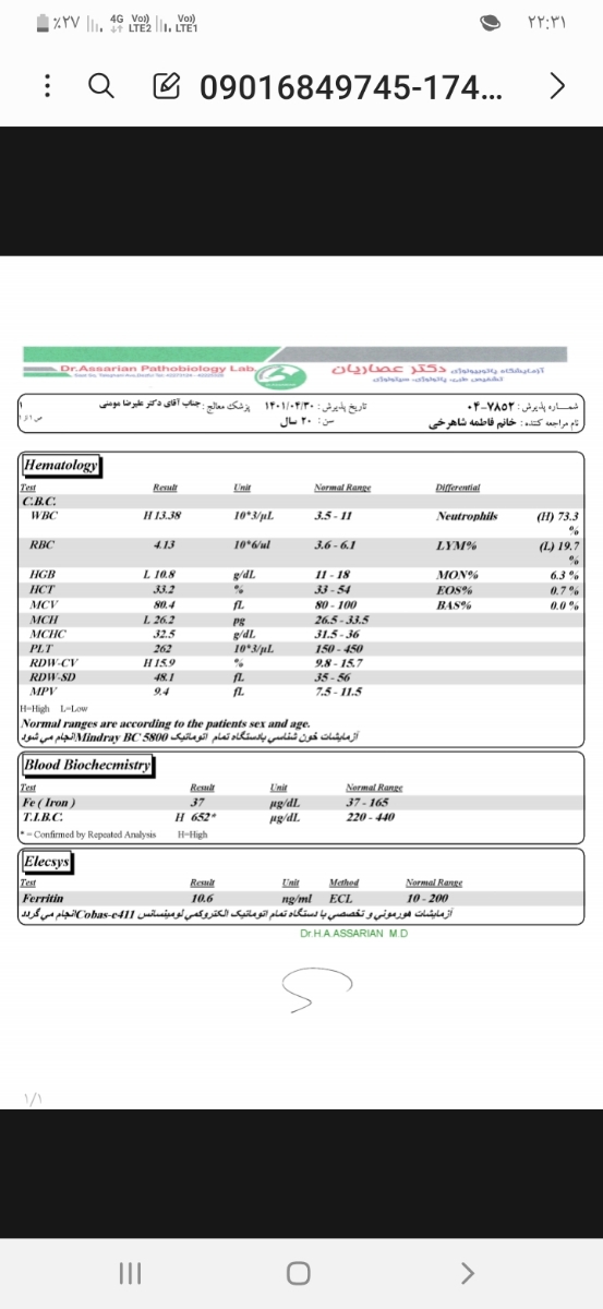 تفسیر جواب ازمایش خون