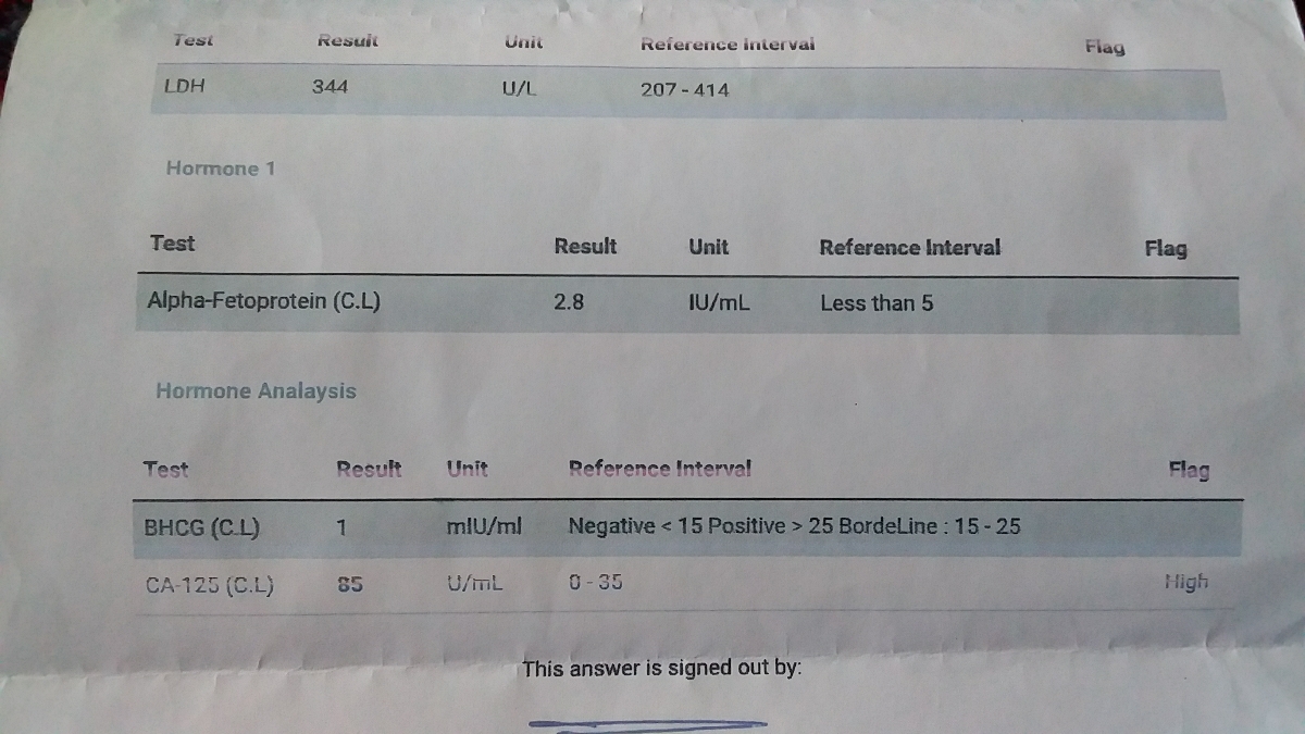 LDH  344
Alpha-fetoprotein(C.L)       2.8
BHCG(C.L)    1
CA-125(C.L)    85