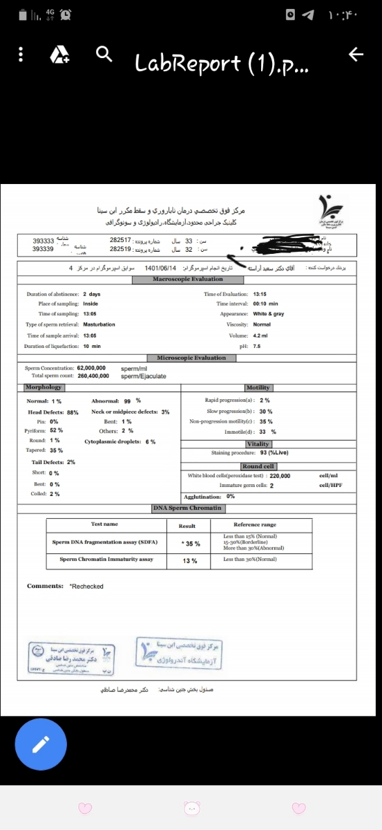لطفا آزمایش اسپرم همسرم رو تفسیر میکنید