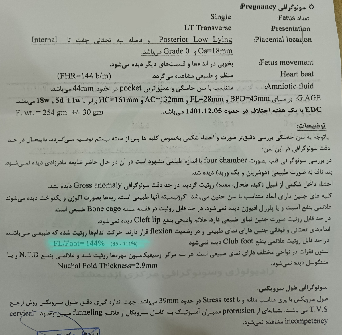 این قسمت ک علامت زدم انگار یکم زیاده. استخوان ران
Fl/foot =144% (85-111%) این قسمت ک علامت زدم انگار یکم زیاده. استخوان ران
Fl/foot =144% (85-111%)