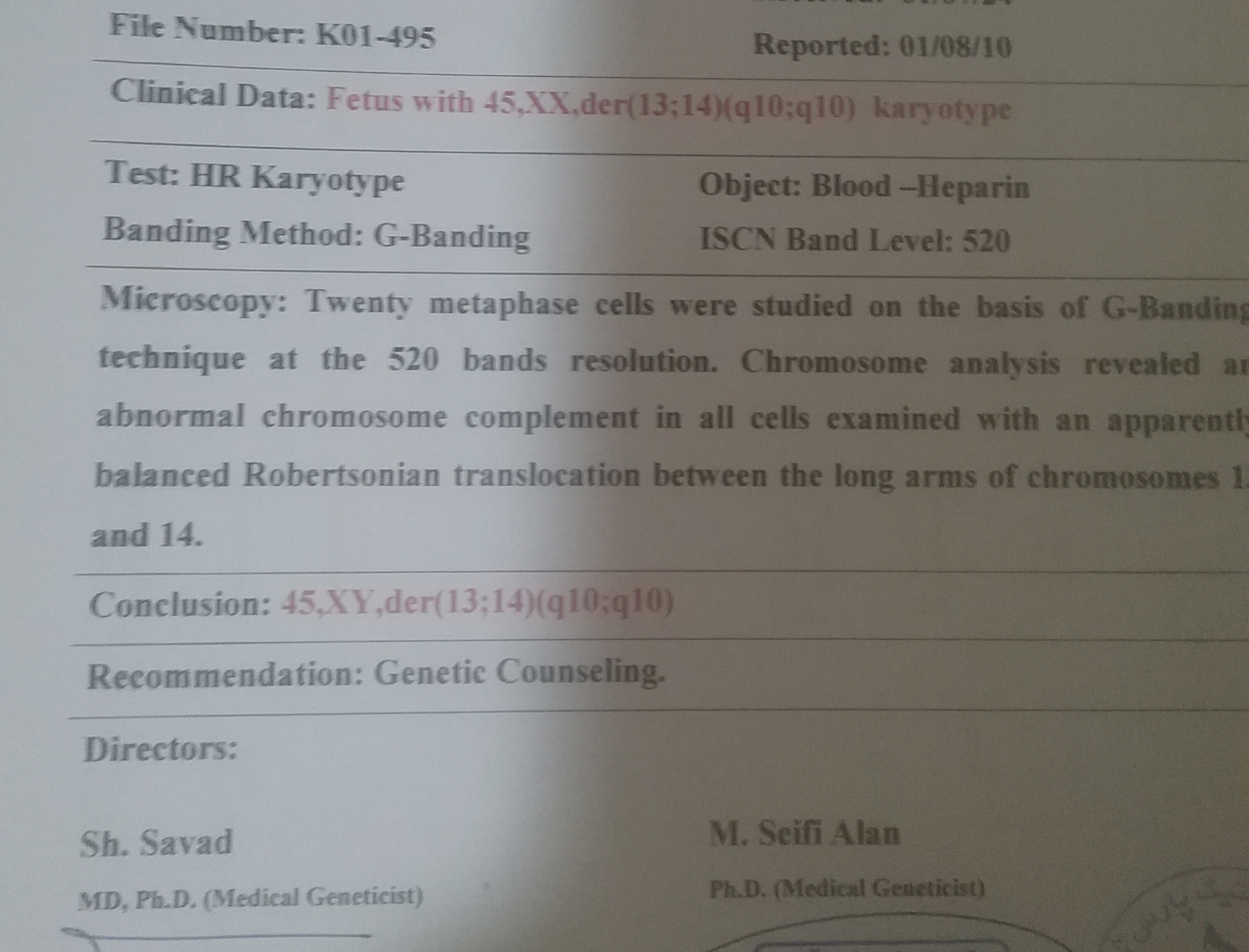 کاریوتایپ همسرم (پدر) کاریوتایپ همسرم (پدر)