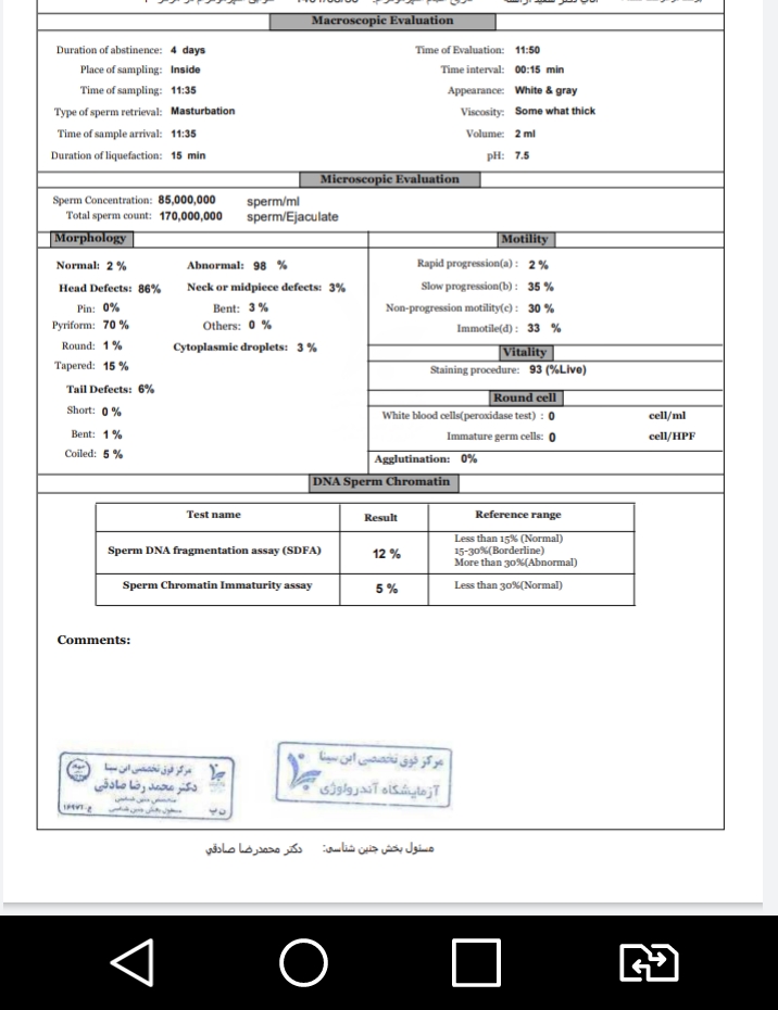 تفسیر ازمایش اسپرم همسرم
