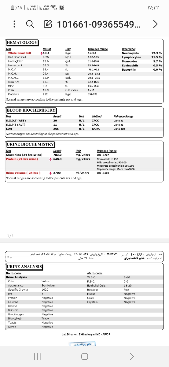 ازمایش ادرار ۲۴ ساعته و دفع پروتیین