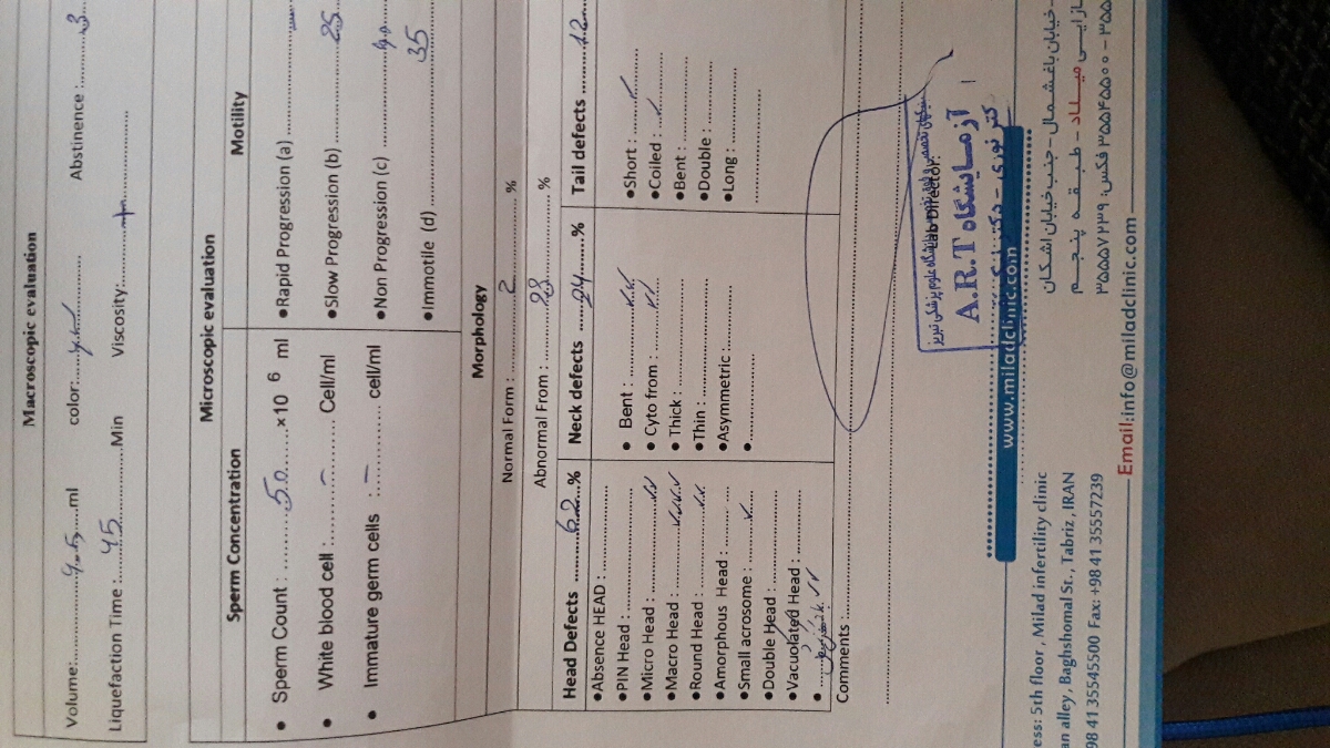 جواب آزمایش اسپرم همسرم