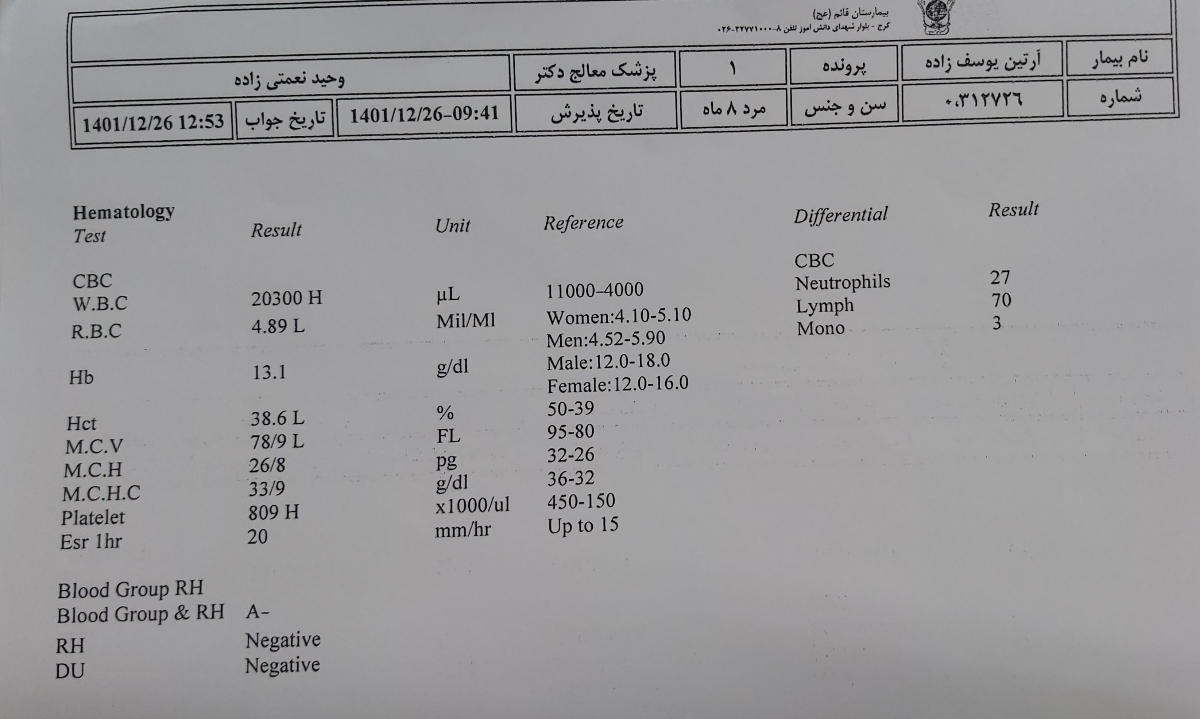 WBC بالا در ازمایش پسر ۹ ماهه WBC بالا در ازمایش پسر ۹ ماهه