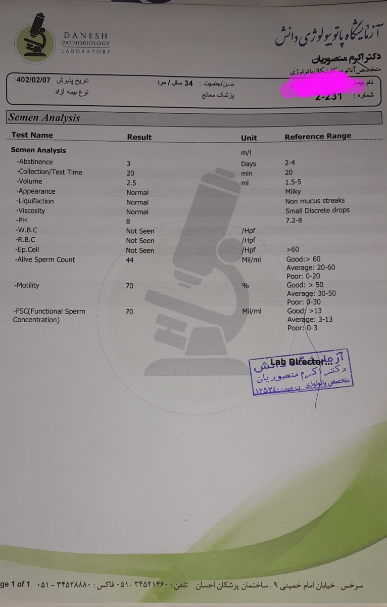 تفسیر ازمایش اسپرم