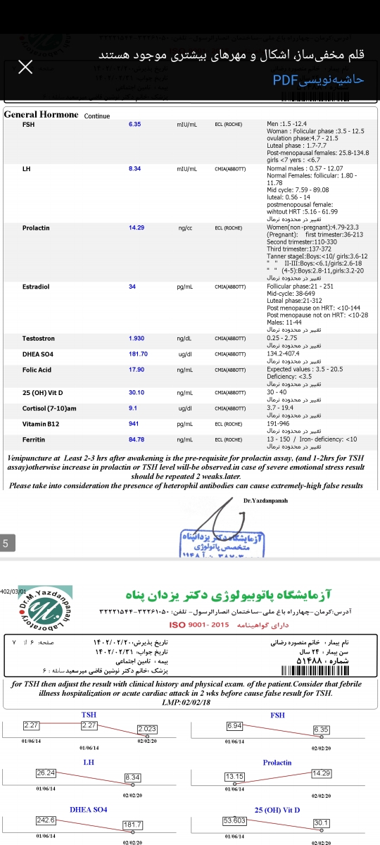 جواب آزمایش هورمونی و فاکتور های سقط مکرر