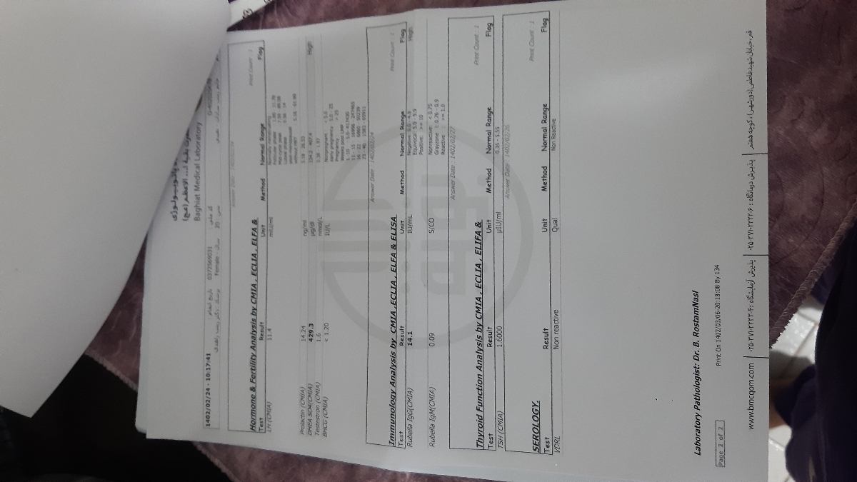 سلام دکترجان ودوستان🌸تفسیر ازمایش اسپرم همسرم وپرولاکتین خودم🌸