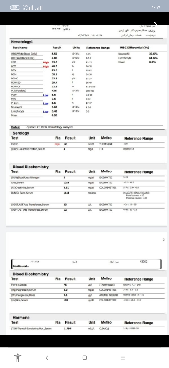 سلام دکتر جان خوبی میشه تفسیر ازمایش تفسیر کنید واسم ممنون میشم