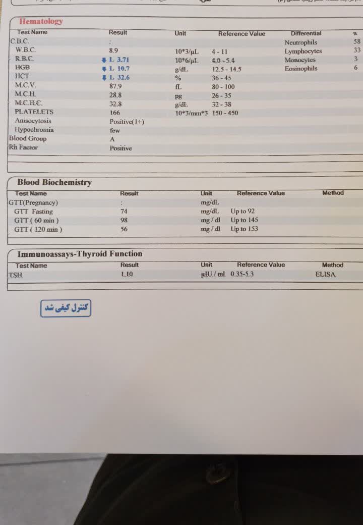 آزمایشات هفته ۲۸ و کمخونی آزمایشات هفته ۲۸ و کمخونی