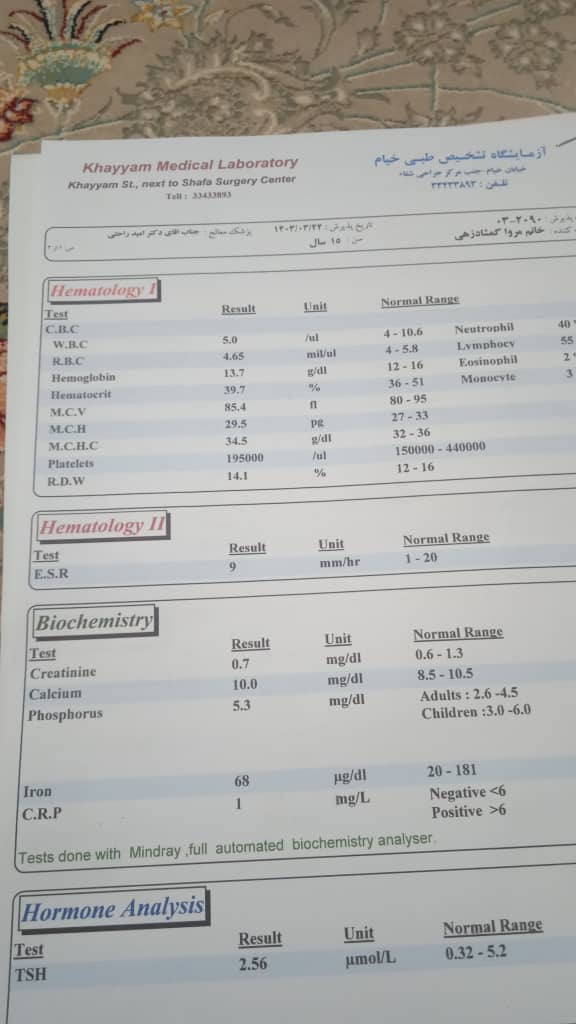 با سلام تشریح آزمایشات و سنوگرافی