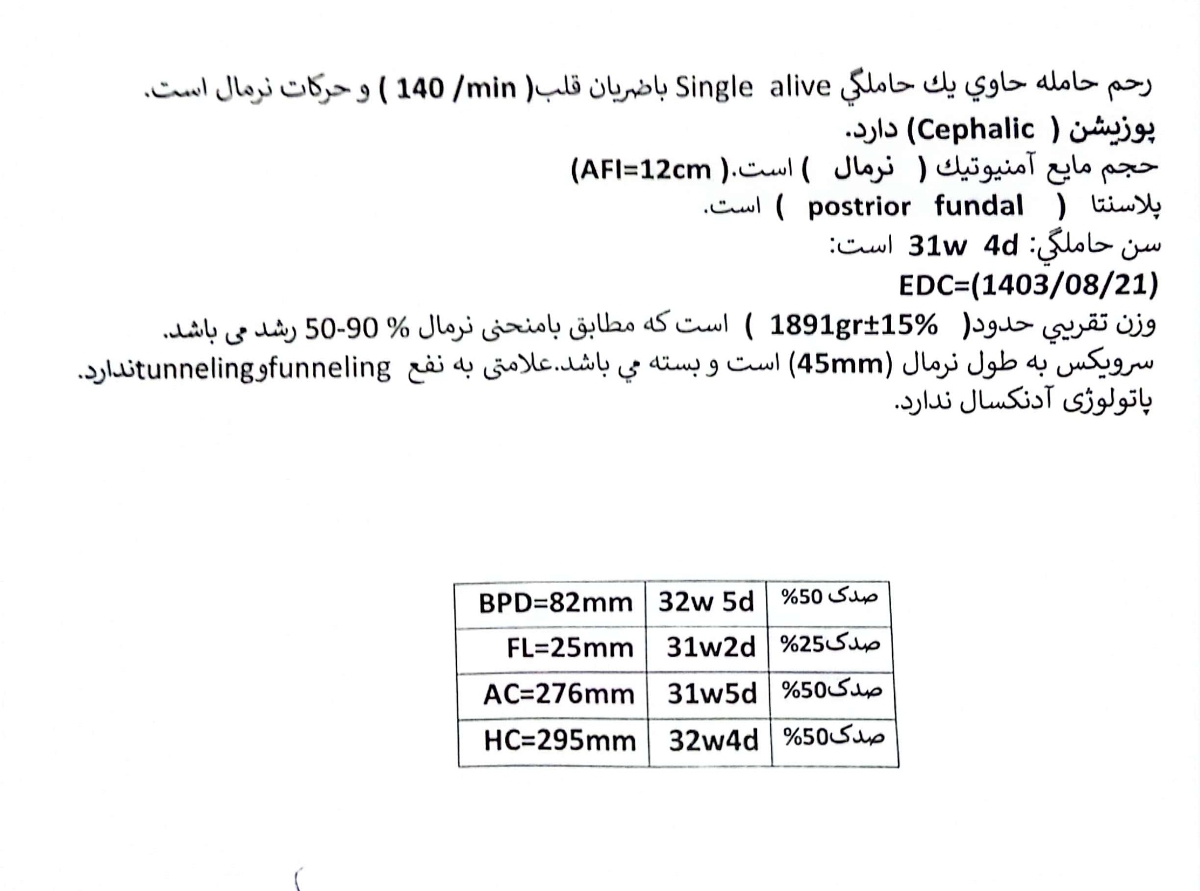 تفسیر سونوگرافی 31هفته بارداری لطفا