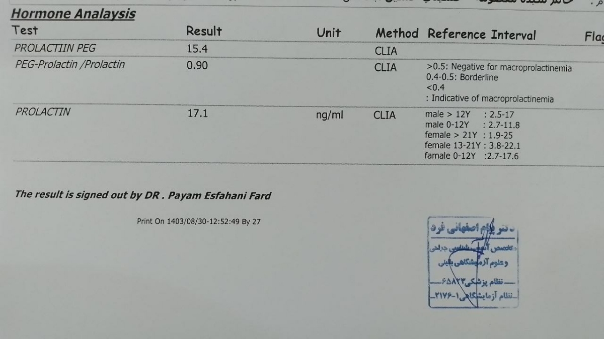 تفسیر جواب آزمایش پرولاکتین