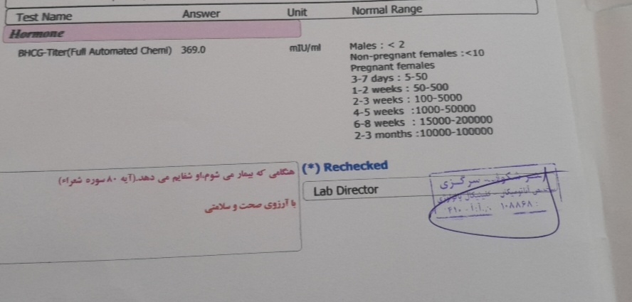 سلام. اینم آزمایش تیتر بتای امروز من.
دوروز بعد موعد.
خانوم دکتر لازمه دوباره تکرار کنم؟ سلام. اینم آزمایش تیتر بتای امروز من.
دوروز بعد موعد.
خانوم دکتر لازمه دوباره تکرار کنم؟