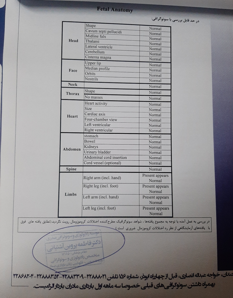 تفسیر سونوی آنومالی ۱۸هفته و ۴روز