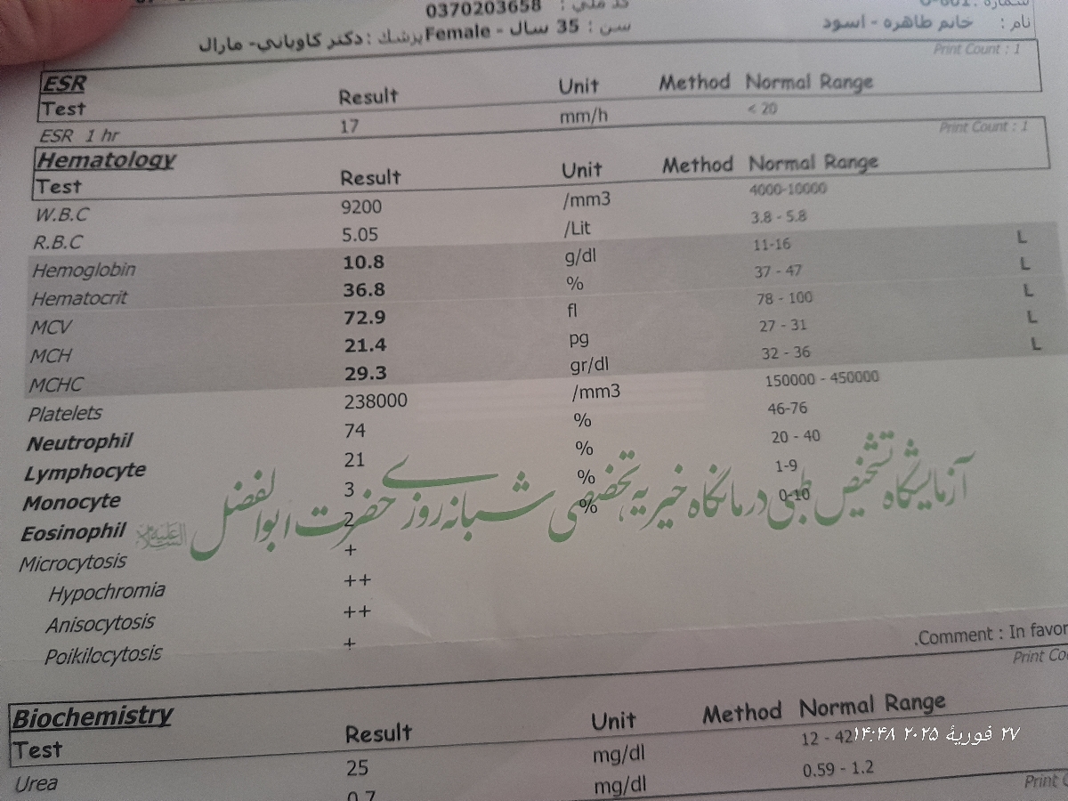 سلام خانوم دکتر ممنون میشم آزمایش رو تفسیر کنید