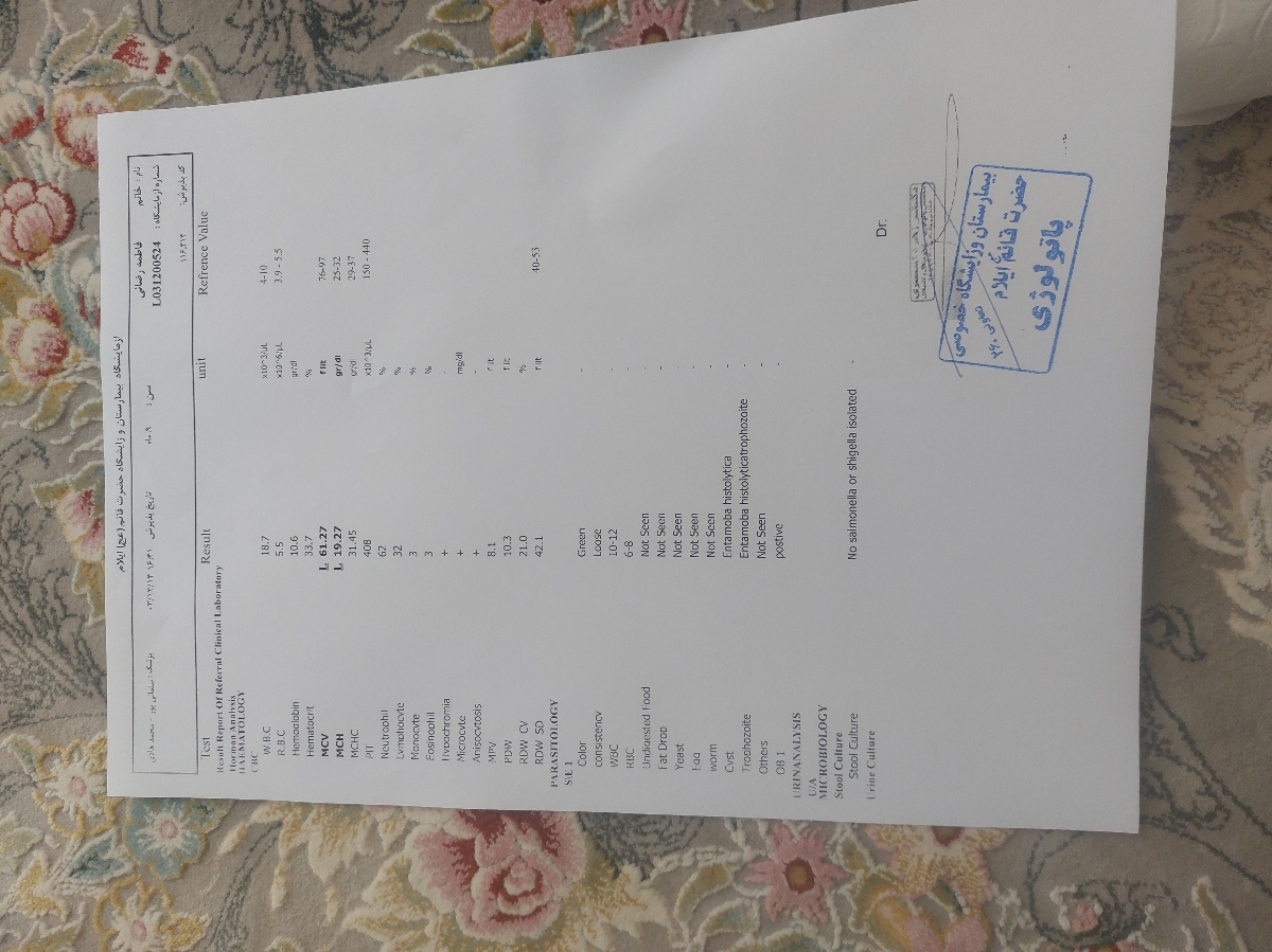 این ازمایشش خانم دکتر تو ازمایش انگل بود  ولی متاسفانه شربت نیست همه داروخاته هارو  گشتیم نیست که نیست 😔