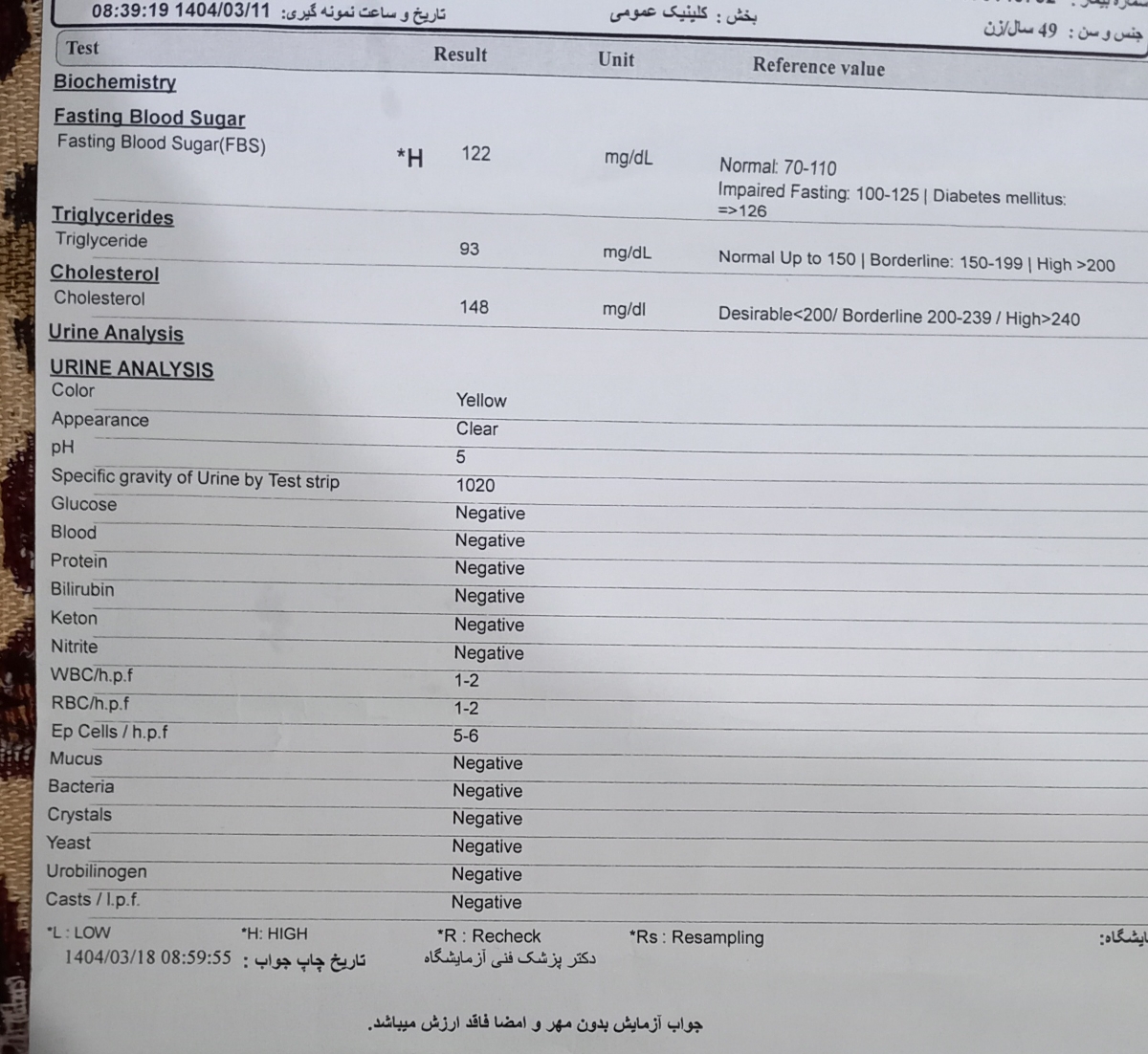 تفسیر ازمایش خانم ۴۹ ساله