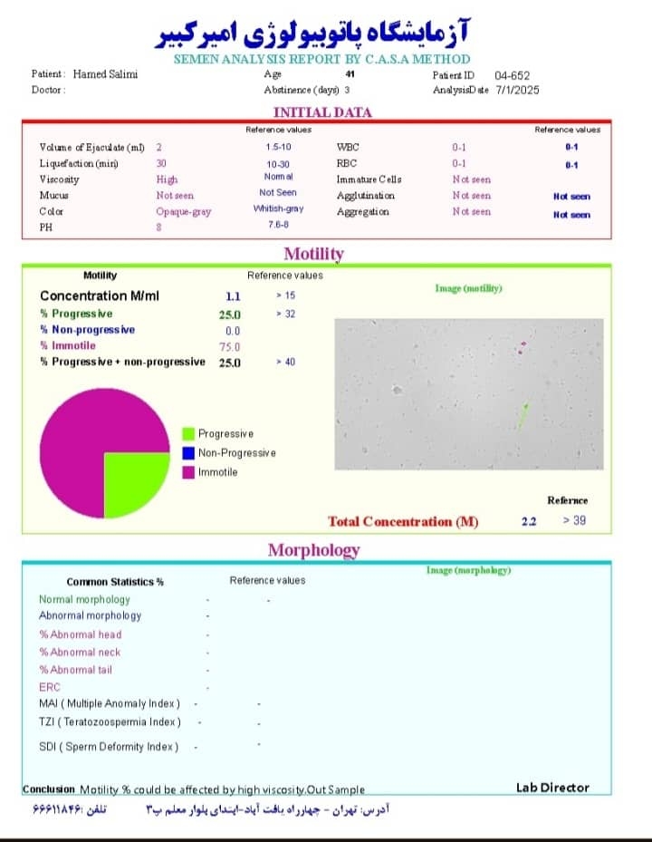 آزمایشdfiوتعداد وشکل اسپرم
