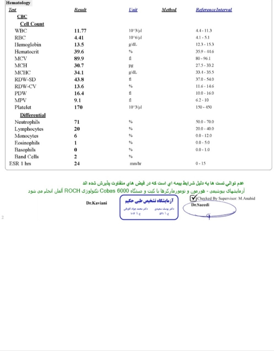 تفسیر جواب آزمایشات و بالا بودن wbc خون و ادرار . سونو آنومالی