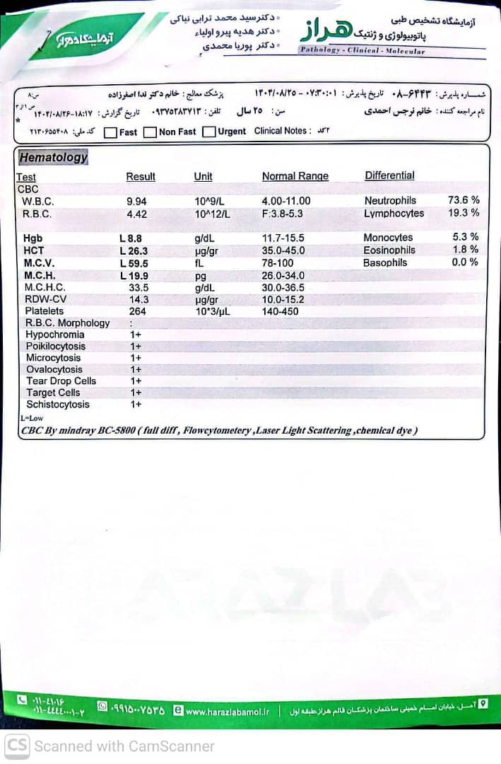 سلام خانم دکتر لطفا آزمایش را تفسیر کنید