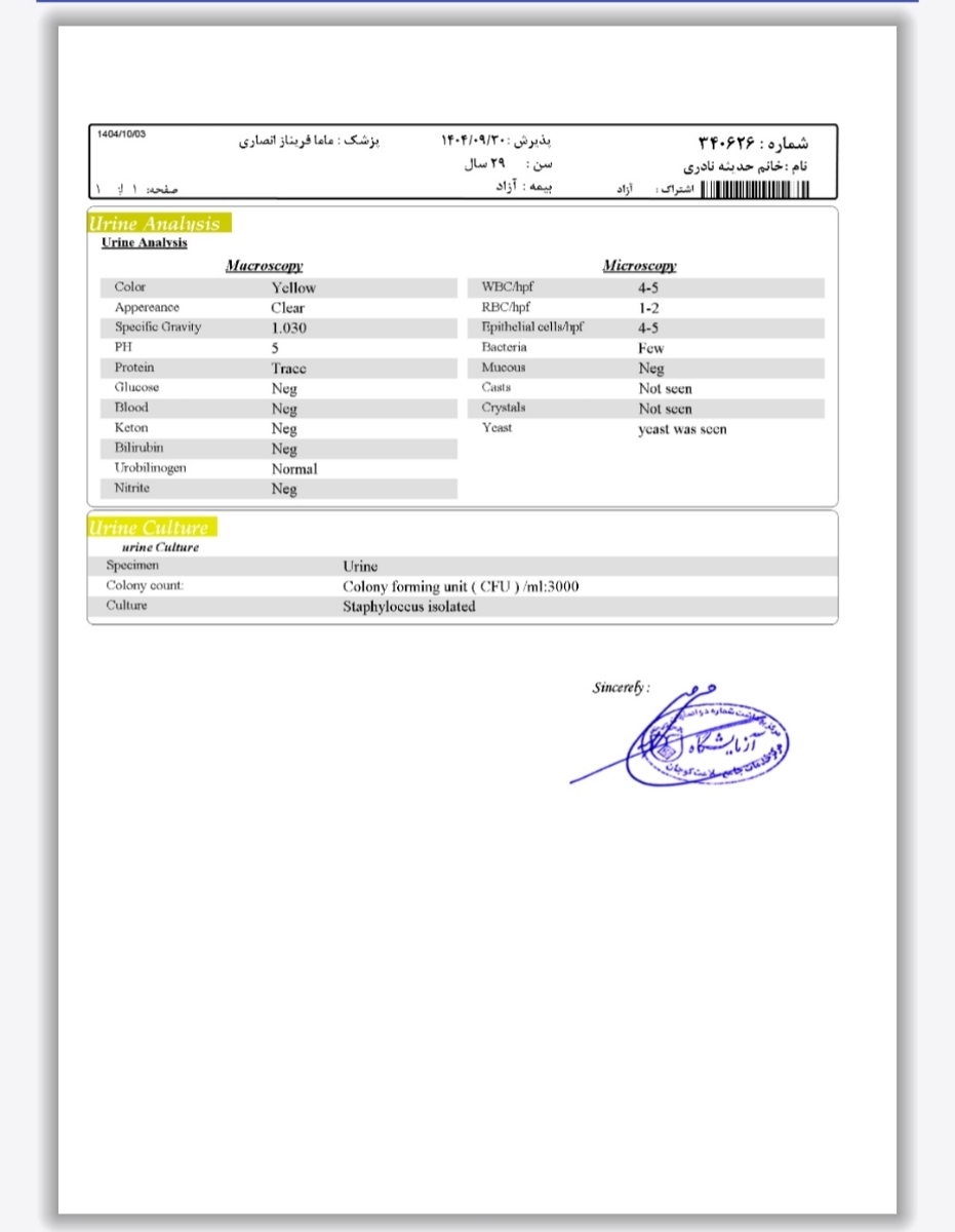 سلام دکتر جان لطف میکنید آزمایش ادرار رو تفسیر کنید