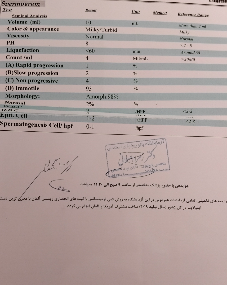 این آزمایش برای همین ماه هست،که طبق این آزمایش پزشک اورولوژیست آمپول d3,موتیلیتی بوست, و قرص جینسینگ تجویز کردند برای دو ماه