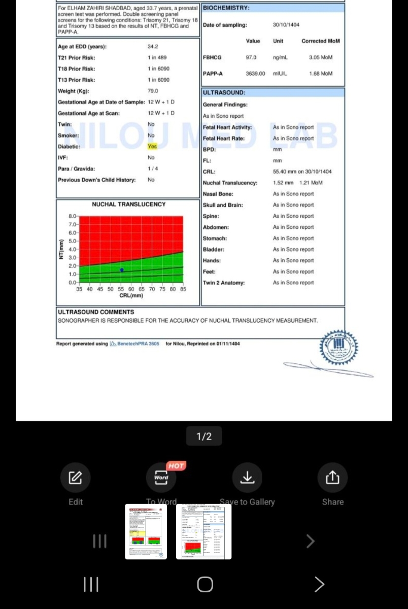 سلام جواب آزمایش و سونو گرافی غربالگری اول