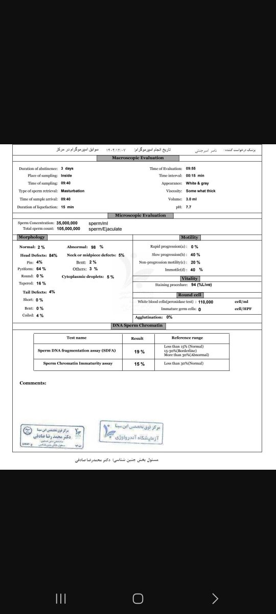 نتیجه آزمایش اسپرم