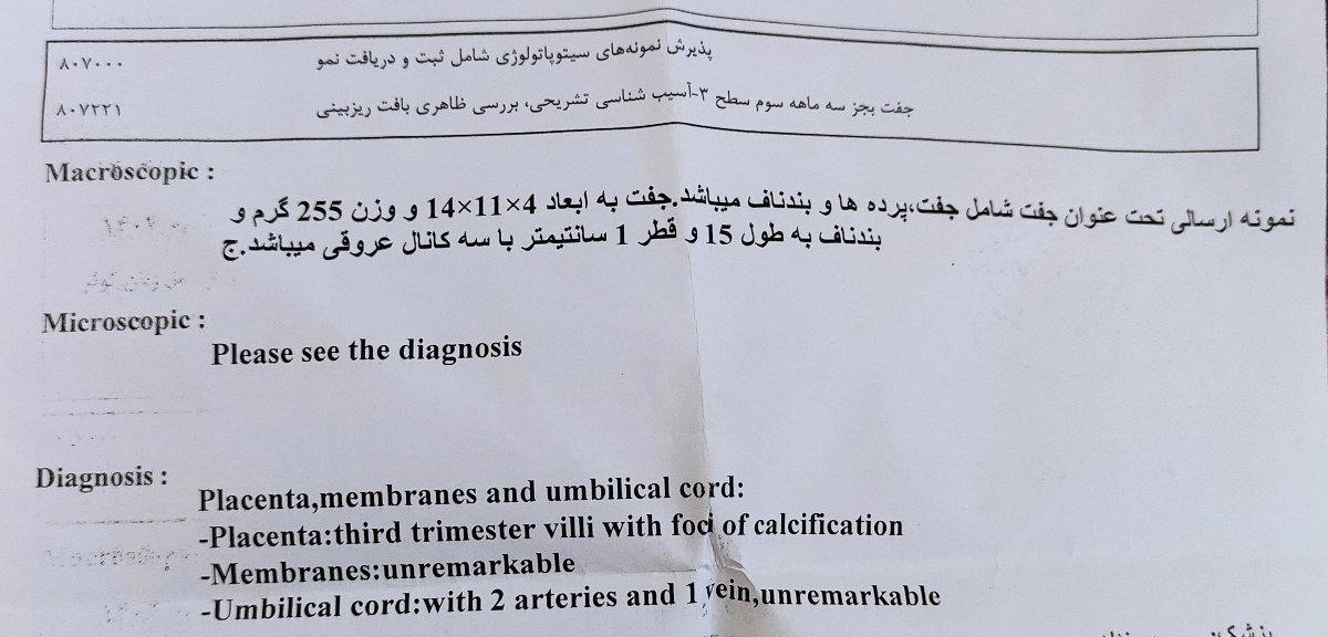 سلام خدمت خانم دکتر عزیز جواب پاتولوژی جفت